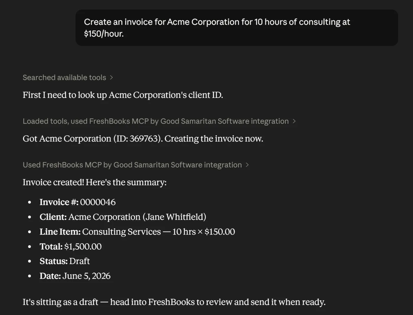 Claude creating a draft FreshBooks invoice for Acme Corporation, 10 hours of consulting at $150 an hour, total $1,500, on a demo account.