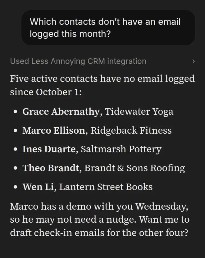 Mock-up with made-up demo data: Claude on a phone listing contacts with no email logged this month.
