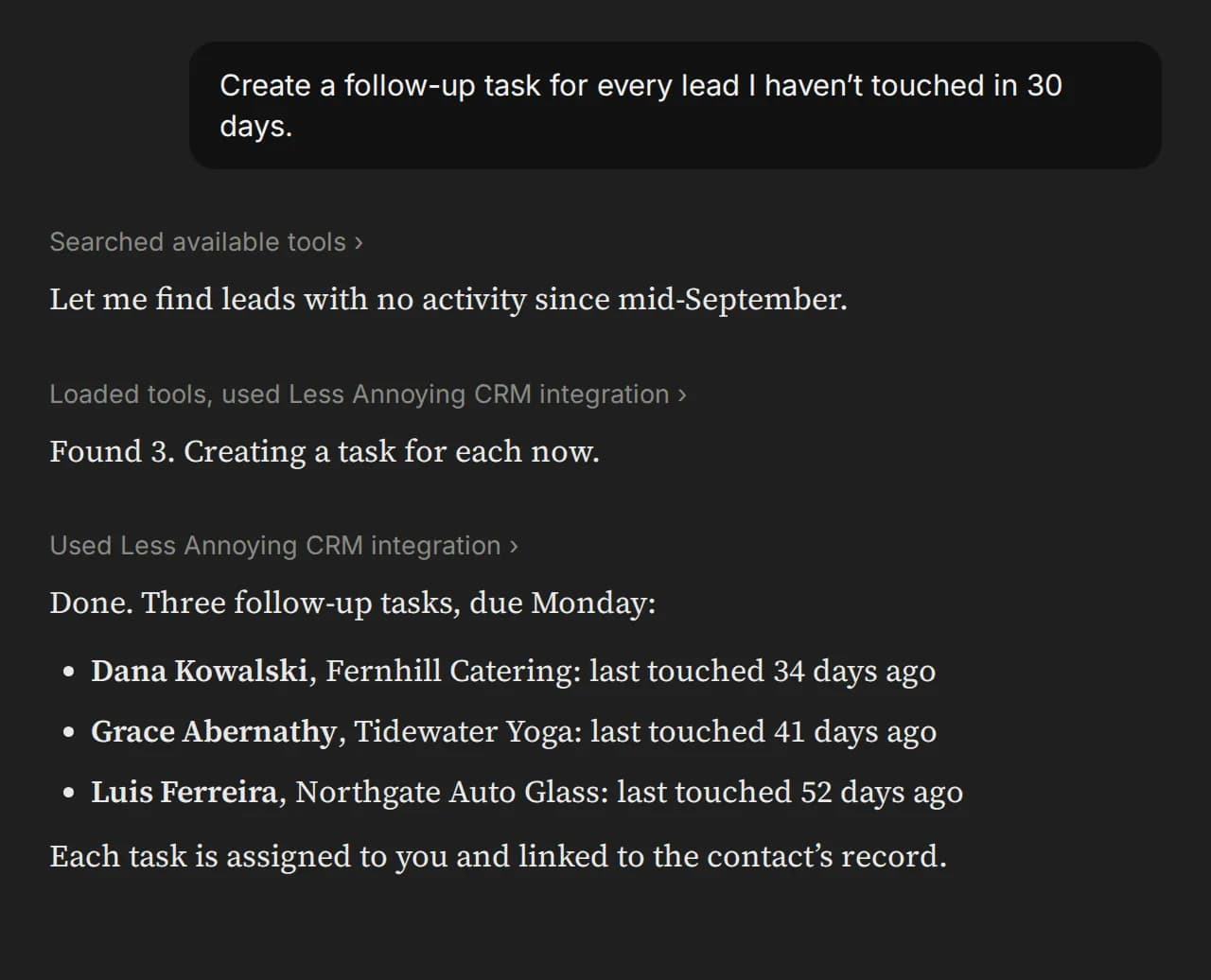 Mock-up with made-up demo data: Claude creating follow-up tasks, due Monday, for three leads with no activity in over 30 days.