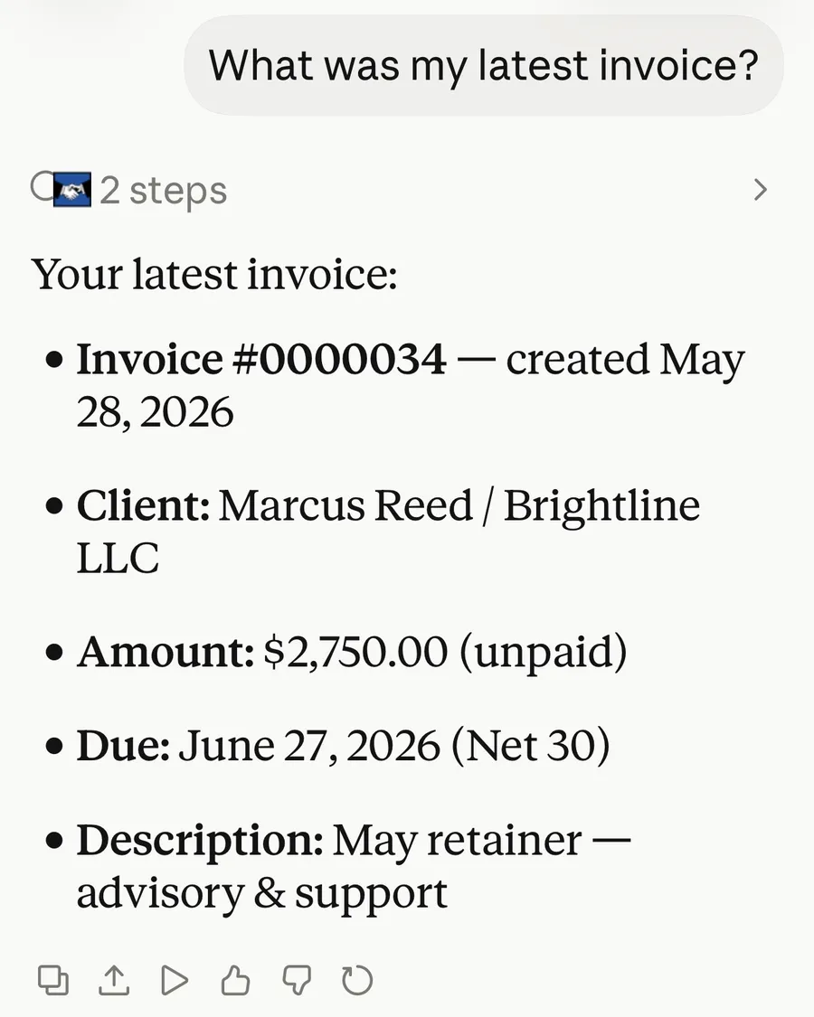 Claude on a phone answering “What was my latest invoice?” with the invoice number, client, amount, due date and description, from a demo account.